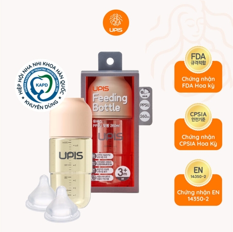 Bình sữa cao cấp UPIS Hàn Quốc cho bé từ 3M+ size M 260ml màu hồng