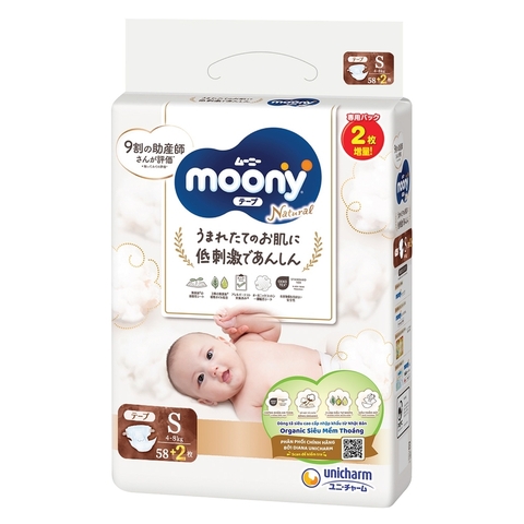 Bỉm - Tã dán Moony Trắng Size S58 cộng 2 miếng (cho bé 4 - 8kg)