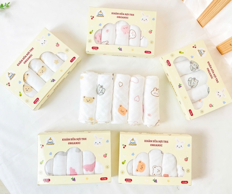 Hộp 5 khăn sữa sợi tre orangic Manny 4 lớp mềm mại, kháng khuẩn size 30x30cm