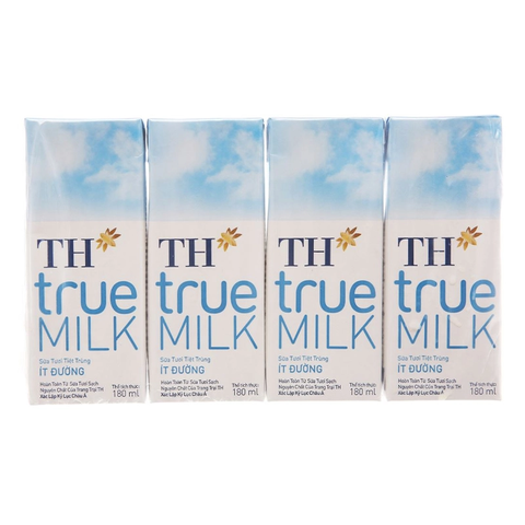 Sữa tươi tiệt trùng TH True Milk ít đường 180ml cho bé trên 2 tuổi (vỉ 4 hộp)