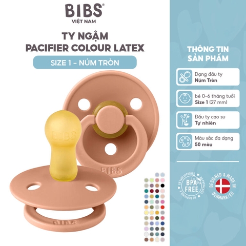 Ty ngậm núm tròn cao su tự nhiên BIBS Pacifier De Lux Latex  Size 1 từ 0-6 tháng tuối, Peach