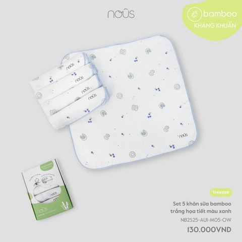 Set 5 khăn sữa Nous bamboo trắng họa tiết màu xanh