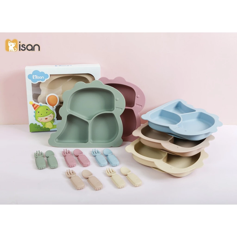 Khay ăn dặm silicon Misan Khủng Long 3 ngăn kèm thìa dĩa