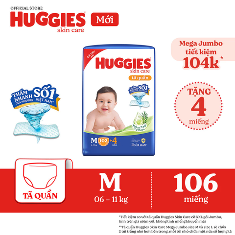 Bỉm - Tã quần Huggies Skin Care Tràm Trà Tự Nhiên size M102+4 miếng (cho bé 6 - 11kg)