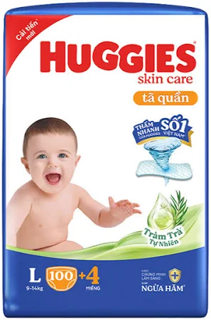 Bỉm - Tã quần Huggies Skin Care Tràm Trà Tự Nhiên size L100+4 miếng (cho bé 9 - 14kg)