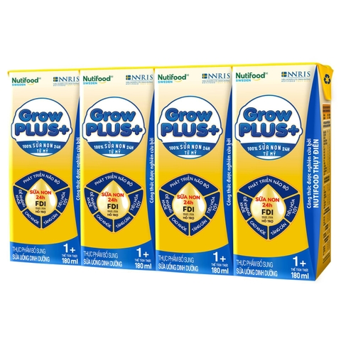 Sữa uống dinh dưỡng Nutifood GrowPLUS+ 180ml Vàng cho bé trên 1 tuổi (vỉ 4 hộp)