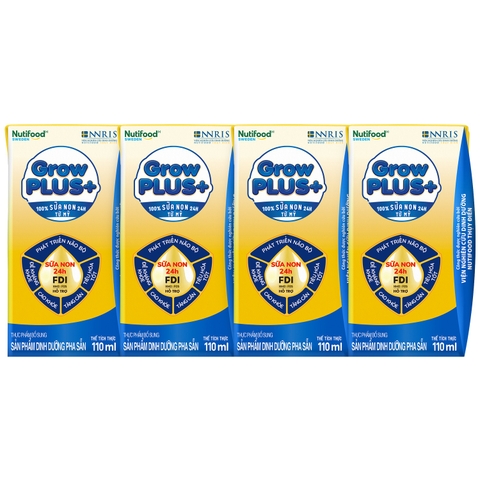 Sữa uống dinh dưỡng Nutifood GrowPLUS+ 110ml Vàng cho bé trên 1 tuổi (vỉ 4 hộp)