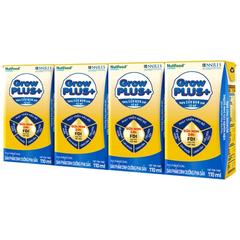 Sữa uống dinh dưỡng Nutifood GrowPLUS+ 110ml Vàng cho bé trên 1 tuổi (vỉ 4 hộp)