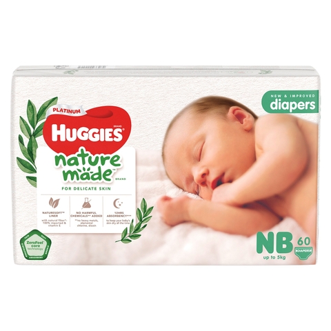 Bỉm - Tã dán Huggies Nature NewBorn 60 miếng (cho bé ~5g)