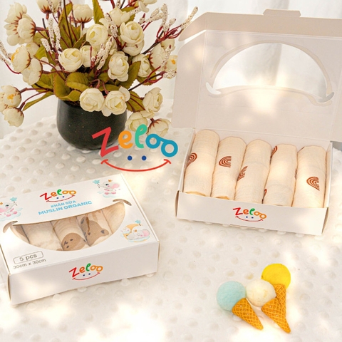 Set 5 Khăn Sữa Zeloo Muslin Organic 30x30cm (họa tiết ngẫu nhiên)