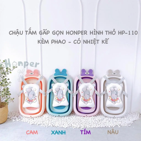 Chậu tắm gấp gọn Honper HP110 hình thỏ kèm Phao có nhiệt kế (89 x 51 x cao 23)