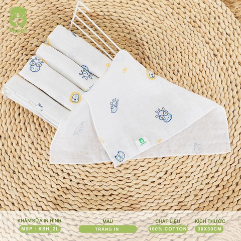 Khăn sữa in hình Mipbi 2 lớp Trắng 5 chiếc/gói