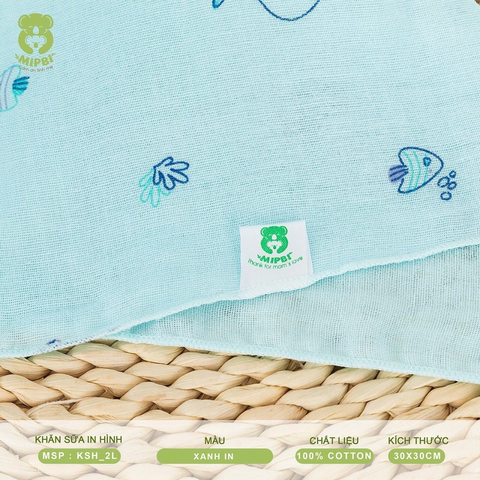 Khăn sữa in hình Mipbi 2 lớp Xanh 5 chiếc/gói