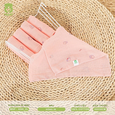 Khăn sữa in hình Mipbi 2 lớp Hồng 5 chiếc/gói