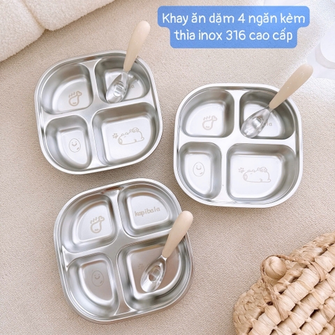 Khay inox 4 ngăn kèm thìa cho bé ăn dặm