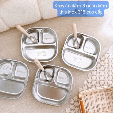 Khay inox 3 ngăn kèm thìa cho bé ăn dặm