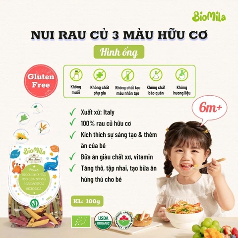 Mì nui rau củ hữu cơ 3 màu BioMila hình ống 100g (6M+)