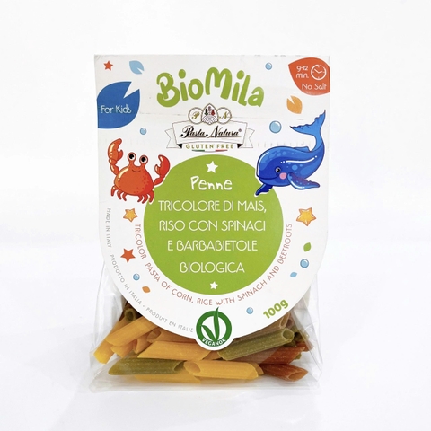 Mì nui rau củ hữu cơ 3 màu BioMila hình ống 100g (6M+)