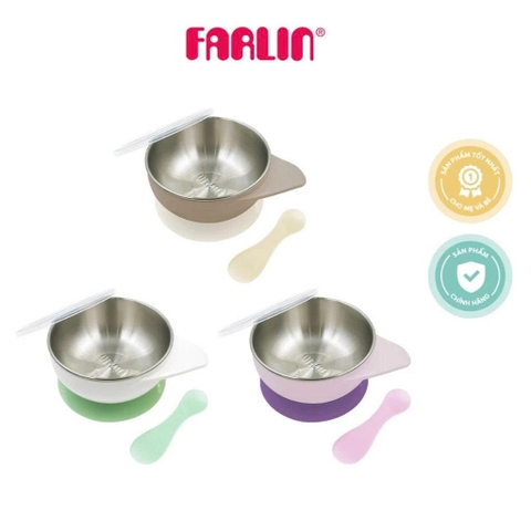 Bộ chén inox Farlin cách nhiệt kèm muỗng silicone mềm mại, có đế hít chống trơn và nắp đậy tiện lợi cho bé