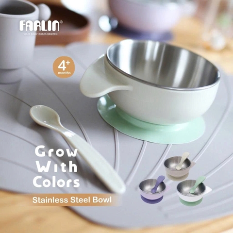 Bộ chén inox Farlin cách nhiệt kèm muỗng silicone mềm mại, có đế hít chống trơn và nắp đậy tiện lợi cho bé