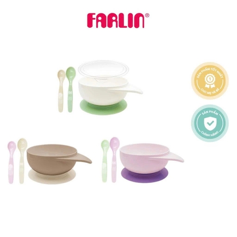 Bộ chén muỗng Farlin có đế hít chống trơn và nắp đậy tiện lợi cho bé tập ăn dặm