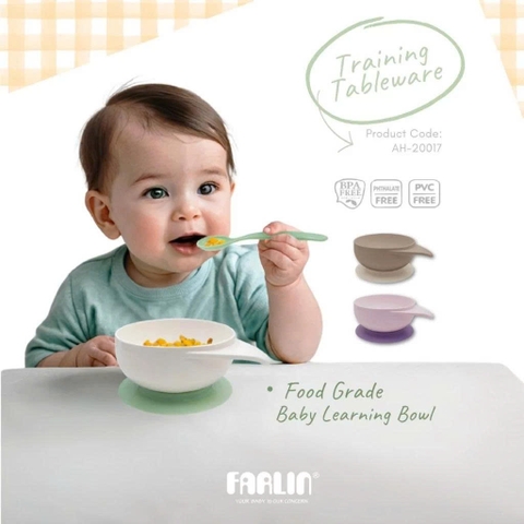 Bộ chén muỗng Farlin có đế hít chống trơn và nắp đậy tiện lợi cho bé tập ăn dặm