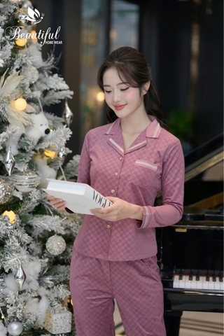 Y603A Nhung tuyết tay dài TÍM ô vuông cổ PJM phối viền