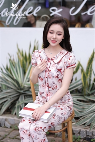 Y456A Lụa Mango quần dài hoa ĐỎ BE cổ sen túi nơ tay cộc