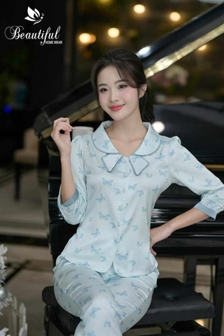 Y589C Lụa satin hình bướm tay lỡ XANH cổ vòng nơ