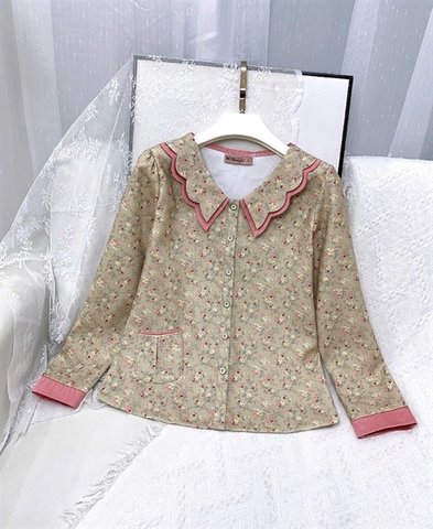 Y593F Lụa Vân tay dài RÊU nhạt hoa cổ 2 lớp