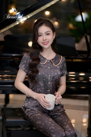 Y652B Lụa Satin tay cộc NÂU hồ điệp cổ sen
