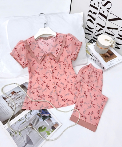 Y729A Lụa Hàn quần lỡ CAM hoa nhí cổ sen cúc