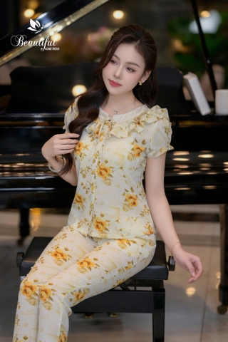 Y653D Lụa Mango tay cộc XANH hoa vàng cổ tàu viền bèo