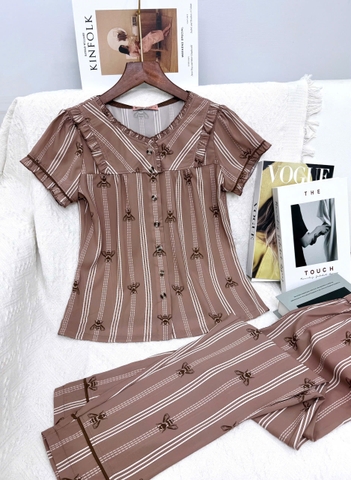 Y661A Lụa Mango tay cộc NÂU con ong cổ 2 cúc