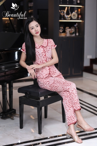 Y657D Lụa Hàn tay cộc ĐỎ hoa nhí cổ sen quần dài