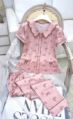 Y663B Lụa satin tay cộc HỒNG hồ điệp cổ 2 lớp