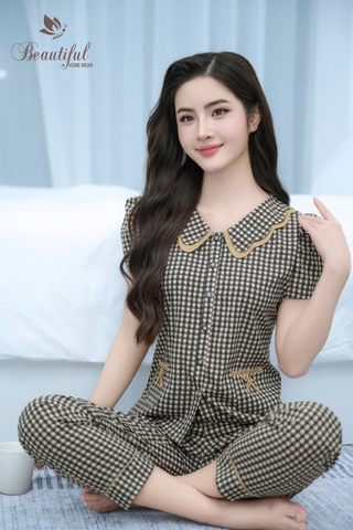 Y685B Lụa Mango tay cộc NÂU kẻ caro cổ 2 tầng