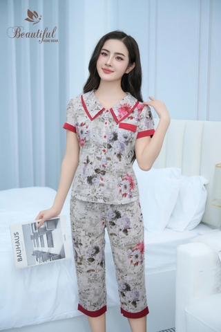 Y672A Lụa Mango quần lỡ GHI hoa đỏ cổ 2 tầng