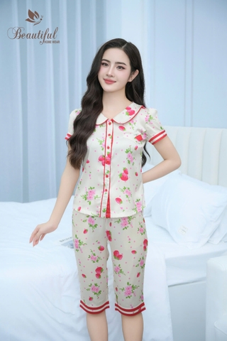 Y695B Lụa satin quần lửng BE tim đỏ cổ sen