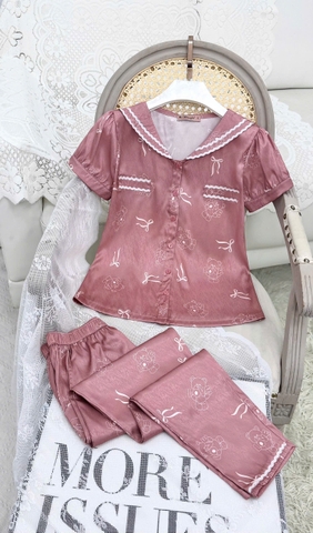 Y682C Lụa Vân quần dài HỒNG chấm nơ cổ ren trắng