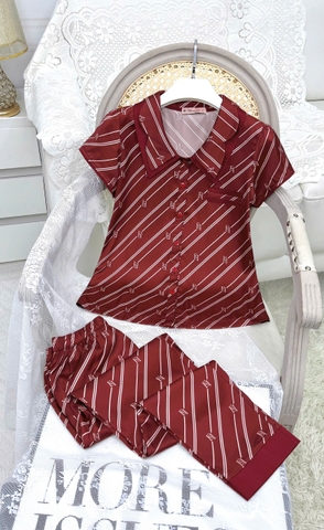 Y668B Lụa satin tay cộc ĐỎ sọc chéo cổ vòng 2 tầng