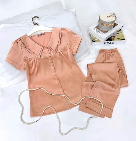 Y686C Lụa satin quần dài CAM trơn cổ 2 tầng
