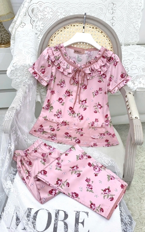 Y690A Lụa satin quần lỡ HỒNG hoa cổ bèo dây buộc