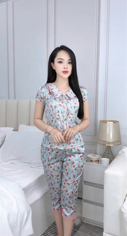 Y679D Lụa satin quần lỡ XANH hoa hồng cổ 2 tầng