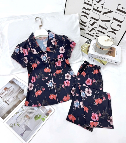 Y708C Lụa Mango quần lỡ XANH THAN hoa đỏ cổ sen vòng sau