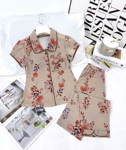 Y708B Lụa Mango quần lỡ KEM hoa cam cổ sen vòng sau