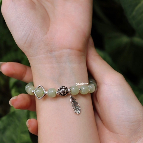 Vòng Tay Ngọc Hoà Điền Phối Hoa Sen VTHDS24A De Luna