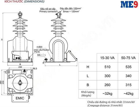 Biến điện áp 10kV khô ngoài trời Emic