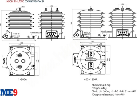 Biến dòng 22kV ngoài trời 2 cuộn thứ cấp Emic