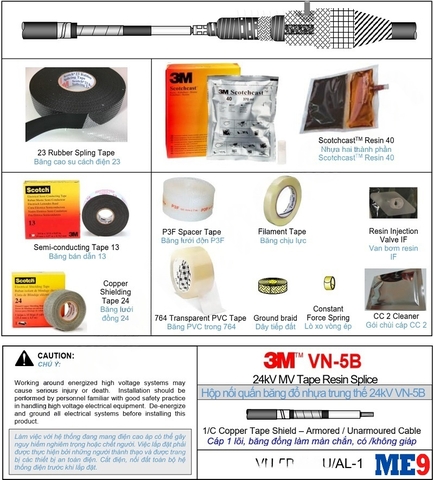 Hộp nối cáp đơn pha 24kV quấn băng đổ keo resin hãng 3M